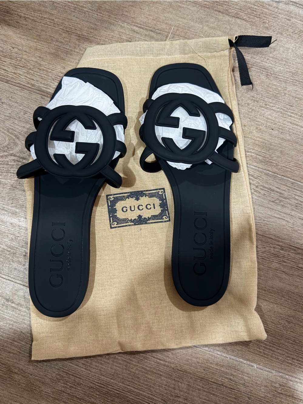 Gucci Black Rubber Interlocking G Slide Sandals
